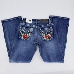 SKY Premium Collection Low Rise Bootcut Jeans Heart Wings Rhinestone 7/8‎ NWT